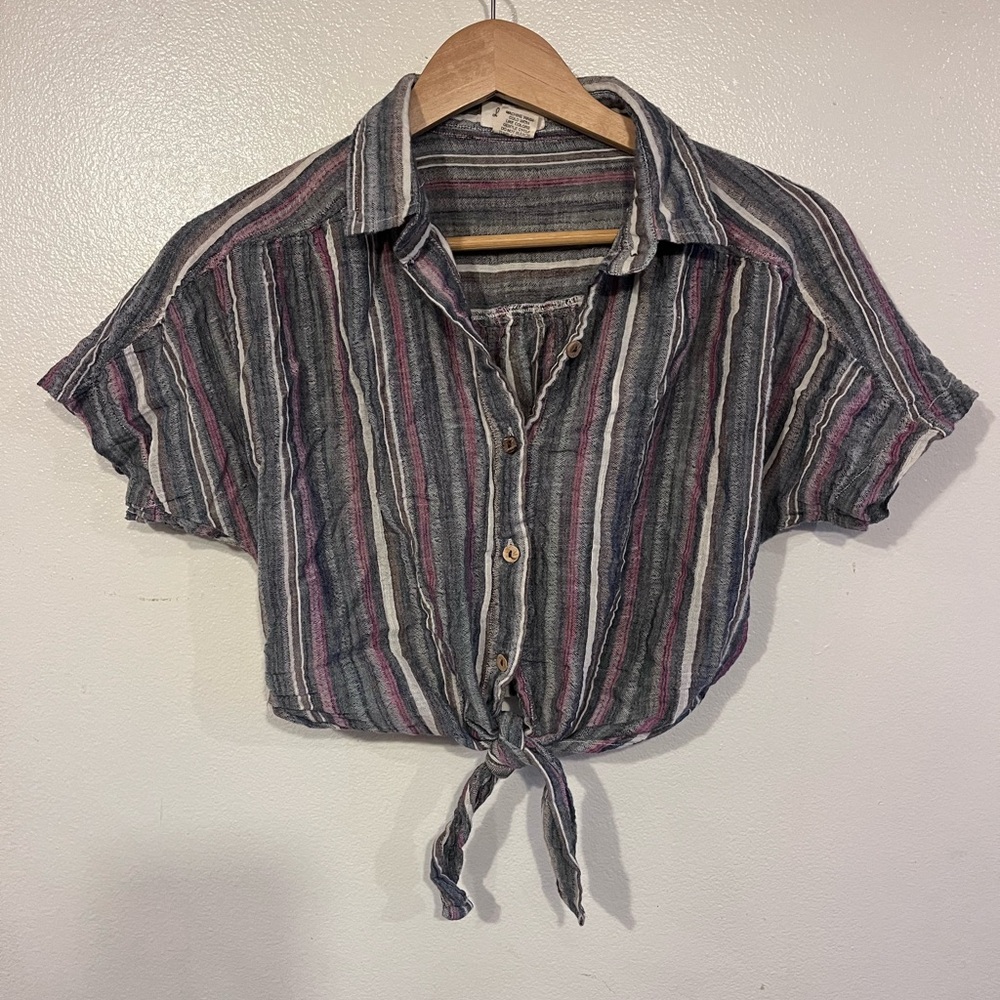 Love Notes Striped Button-Down Shirt with Tie Front